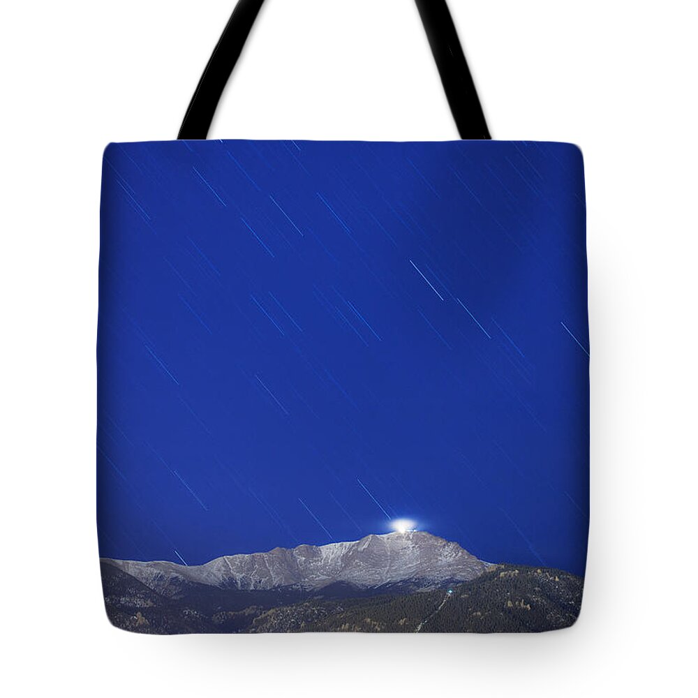 Long Exposure Tote Bag featuring the photograph Pikes Peak Under The Stars by Darren White