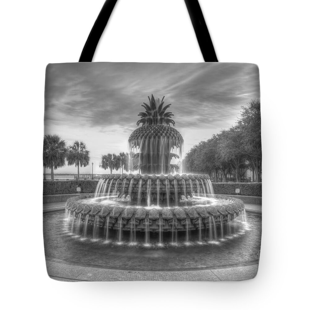 Pineapple Tote Bag featuring the photograph Pineapple Fountain in Black and White by Dale Powell