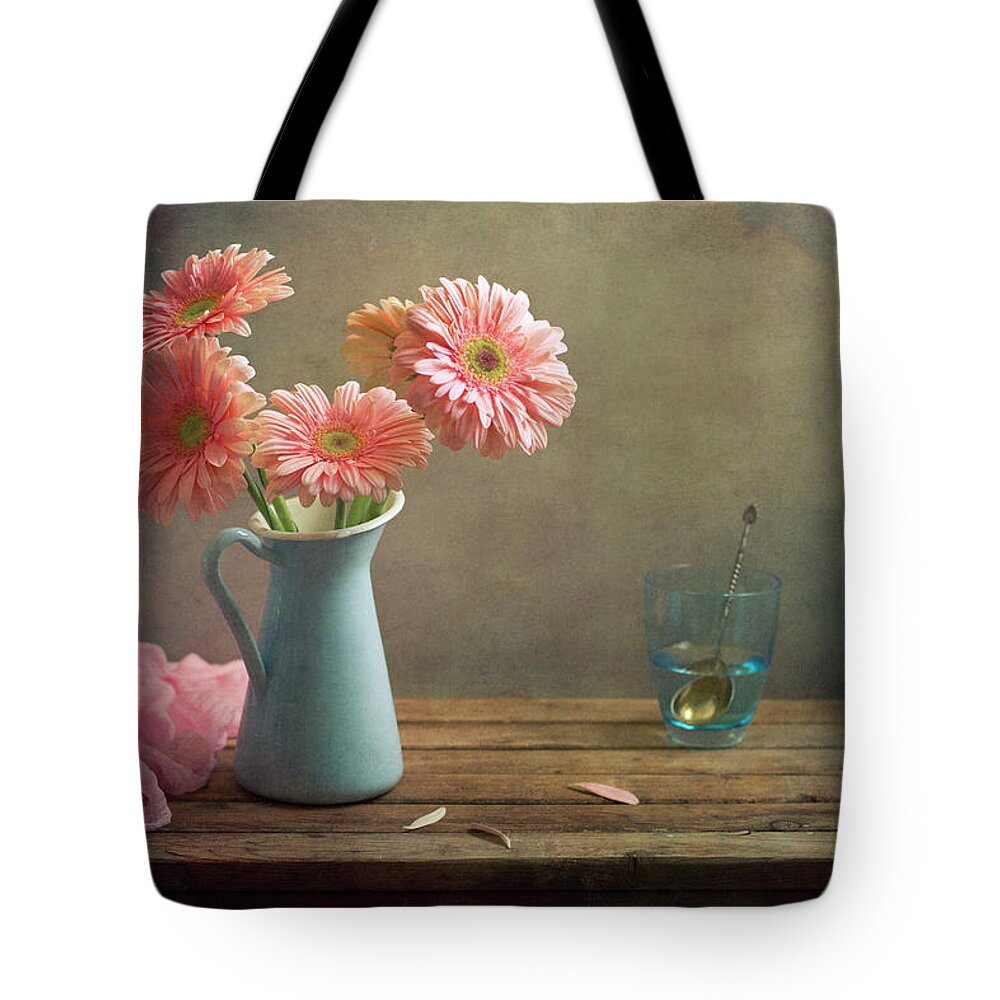 Spoon Tote Bag featuring the photograph Pink Gerberas In Blue Pitcher Jug by Copyright Anna Nemoy(xaomena)