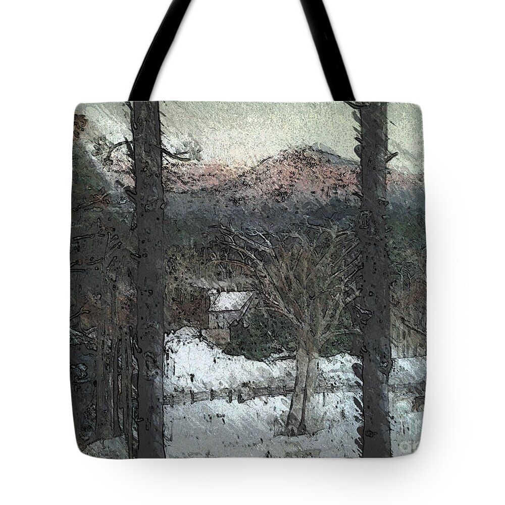 Snow Tote Bag featuring the painting Snow - Pink Mountain - Blueridge Mountains by Jan Dappen