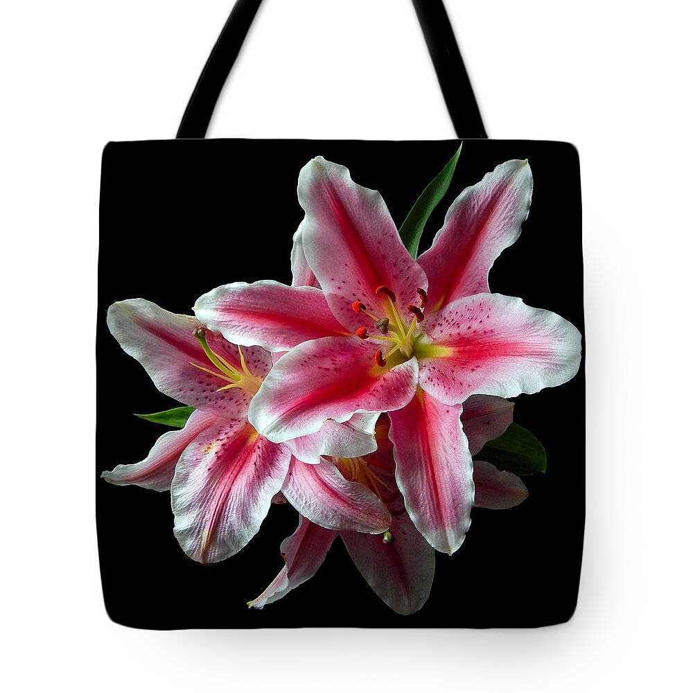 Flowers Tote Bag featuring the photograph Pink Lilies Still Life Flower Art Poster by Lily Malor