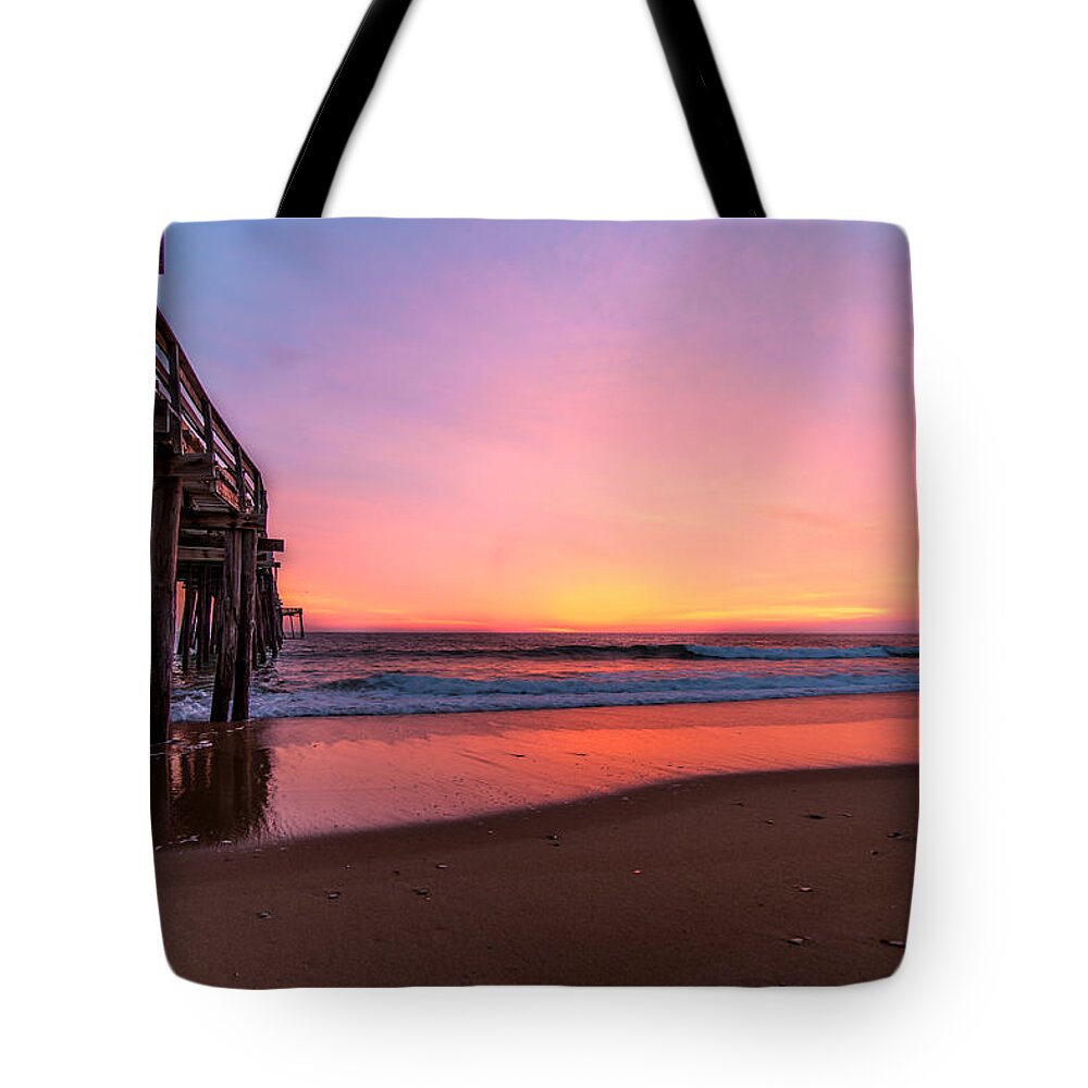 Sunrise Tote Bag featuring the photograph Pink Pier by Stacy Abbott
