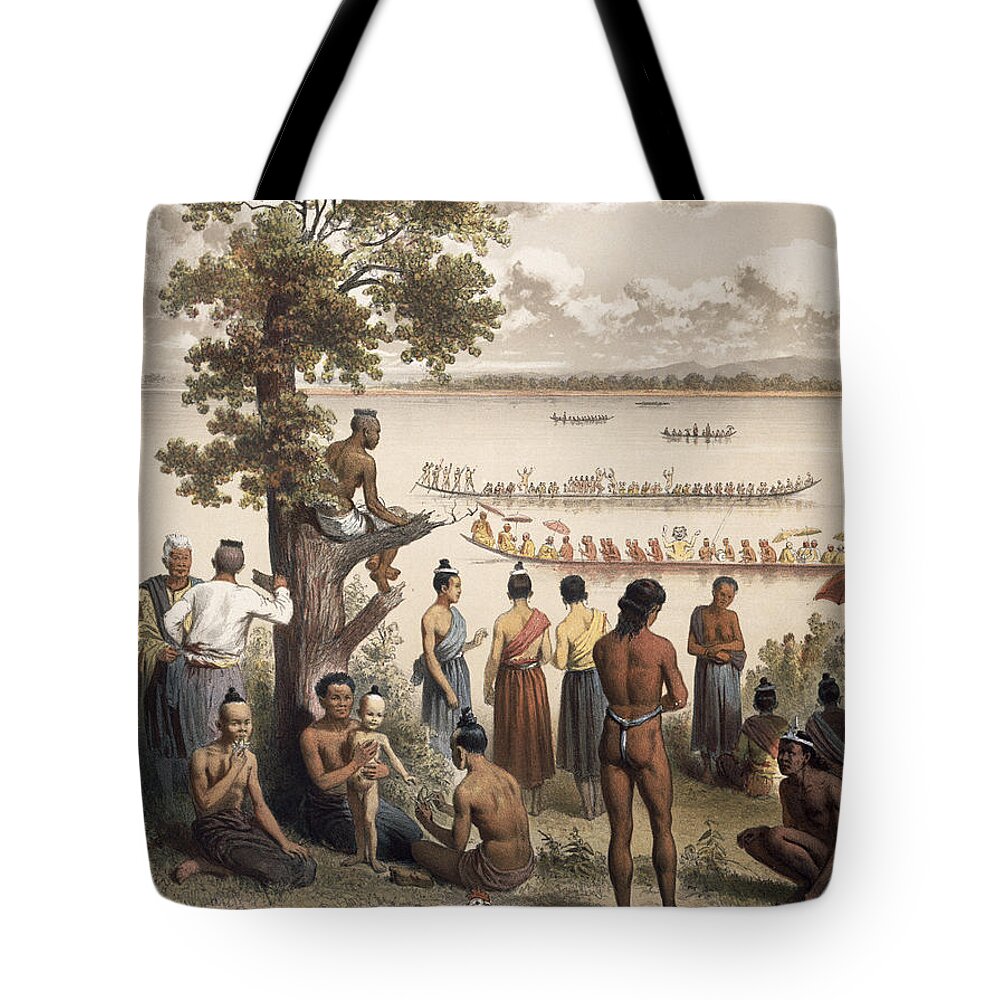 Laos Siamois Tote Bag featuring the drawing Pirogue Races On The Bassac River by Louis Delaporte