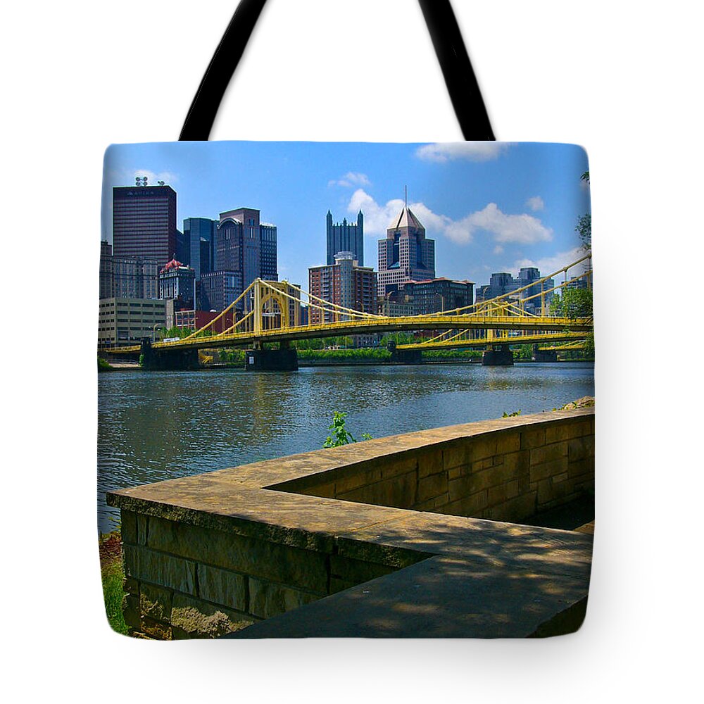 6th Street Bridge Tote Bag featuring the pyrography Pittsburgh Pennsylvania Skyline and Bridges as seen from the North Shore by Amy Cicconi