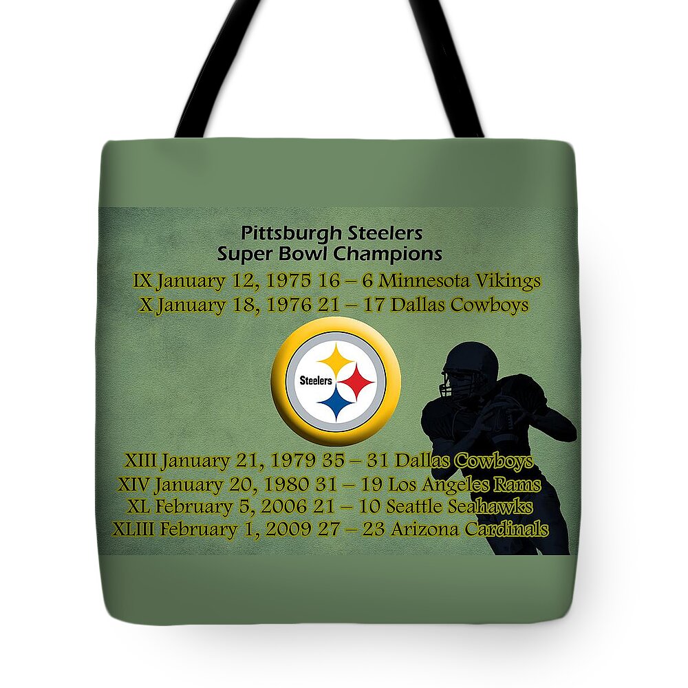 Pittsburgh Steelers Tote Bag featuring the digital art Pittsburgh Steelers Super Bowl Wins by Movie Poster Prints