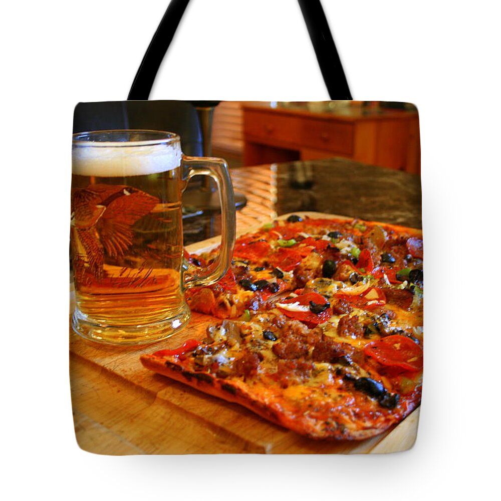 Food Tote Bag featuring the photograph Pizza And Beer by Kay Novy