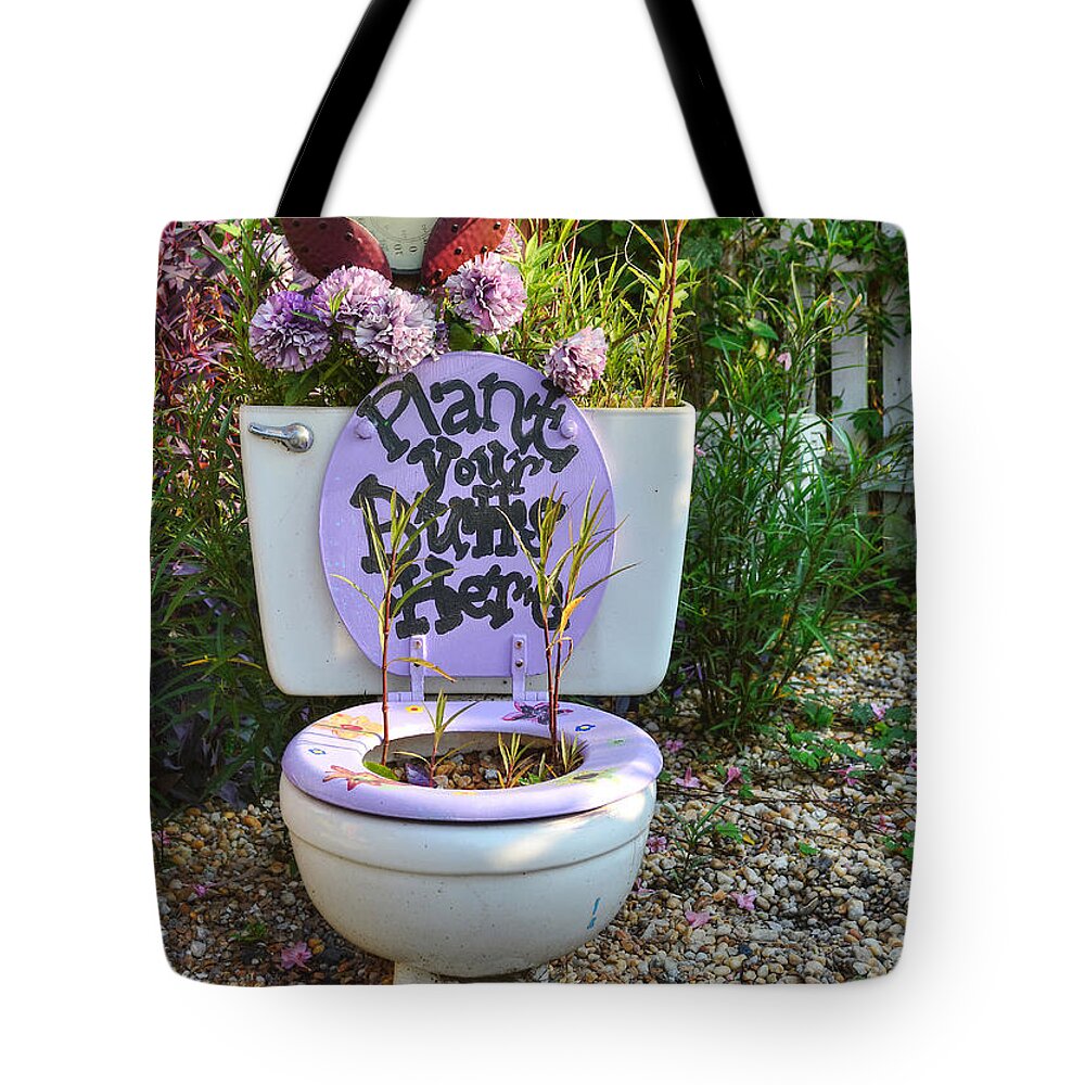 Nostalgic Tote Bag featuring the photograph Plant Your Butts Here by Kathy Baccari