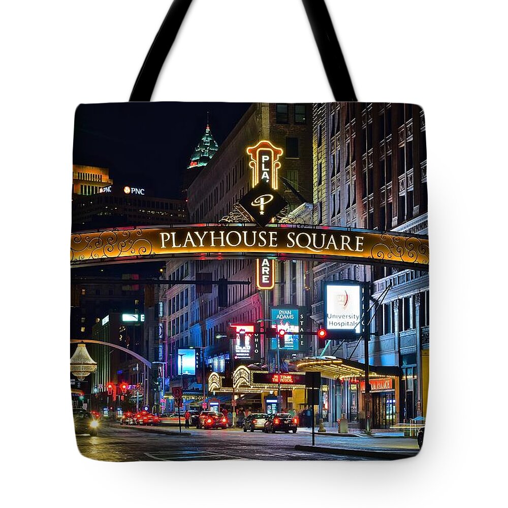 Cleveland Tote Bag featuring the photograph Playhouse Square by Frozen in Time Fine Art Photography