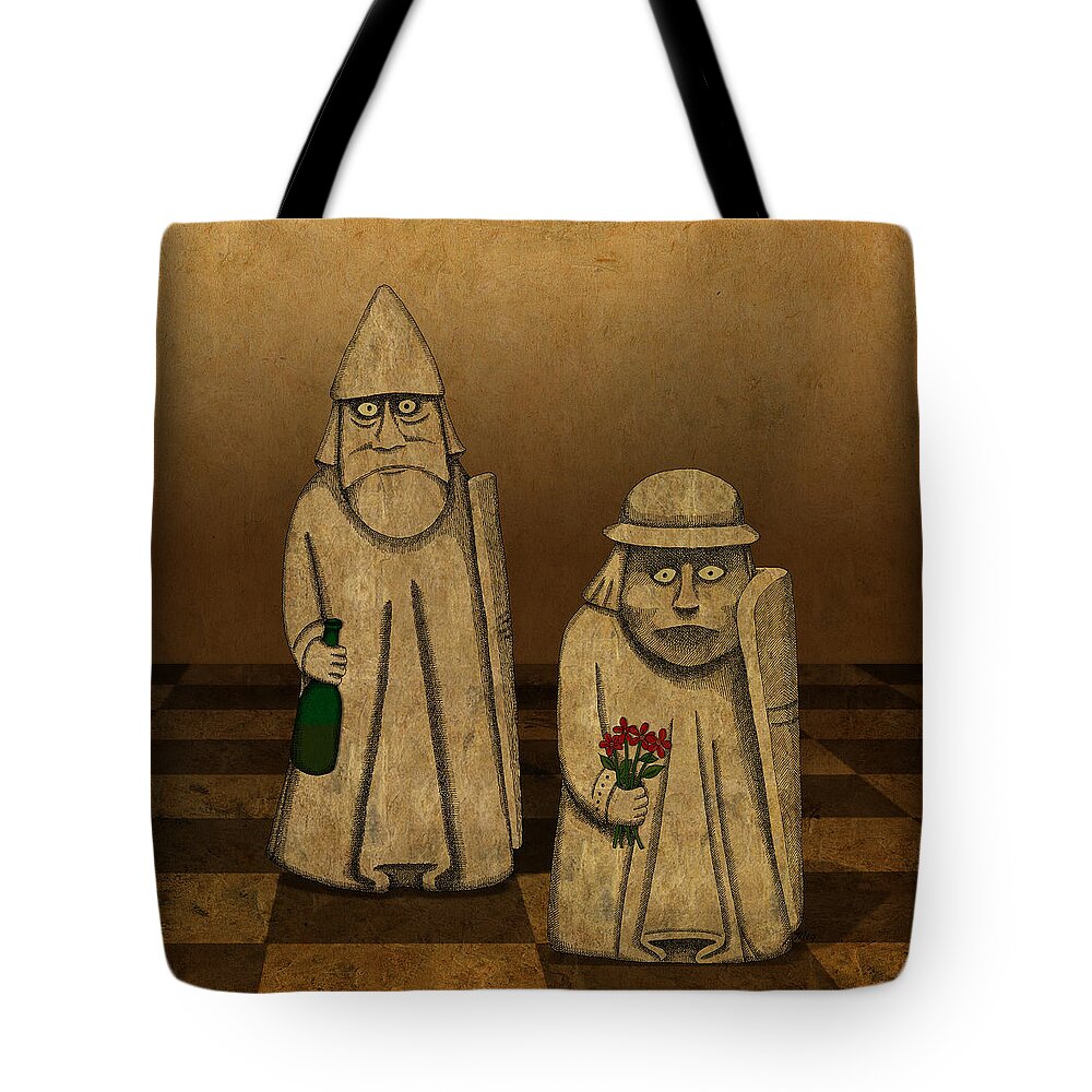 Lewis Chess Peace Wine Flowers Tote Bag featuring the drawing Playing for Peace by Meg Shearer