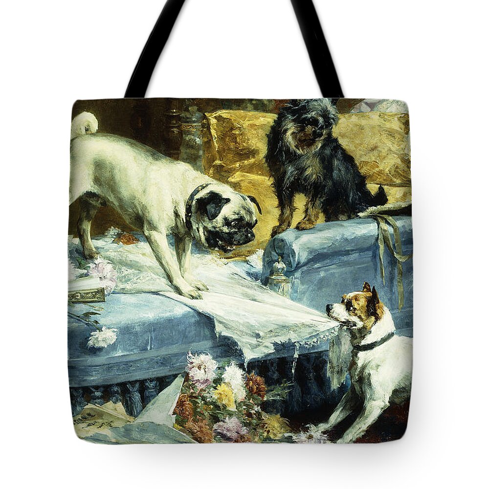 1890s Tote Bag featuring the painting Playing Havoc by Charles van den Evcken