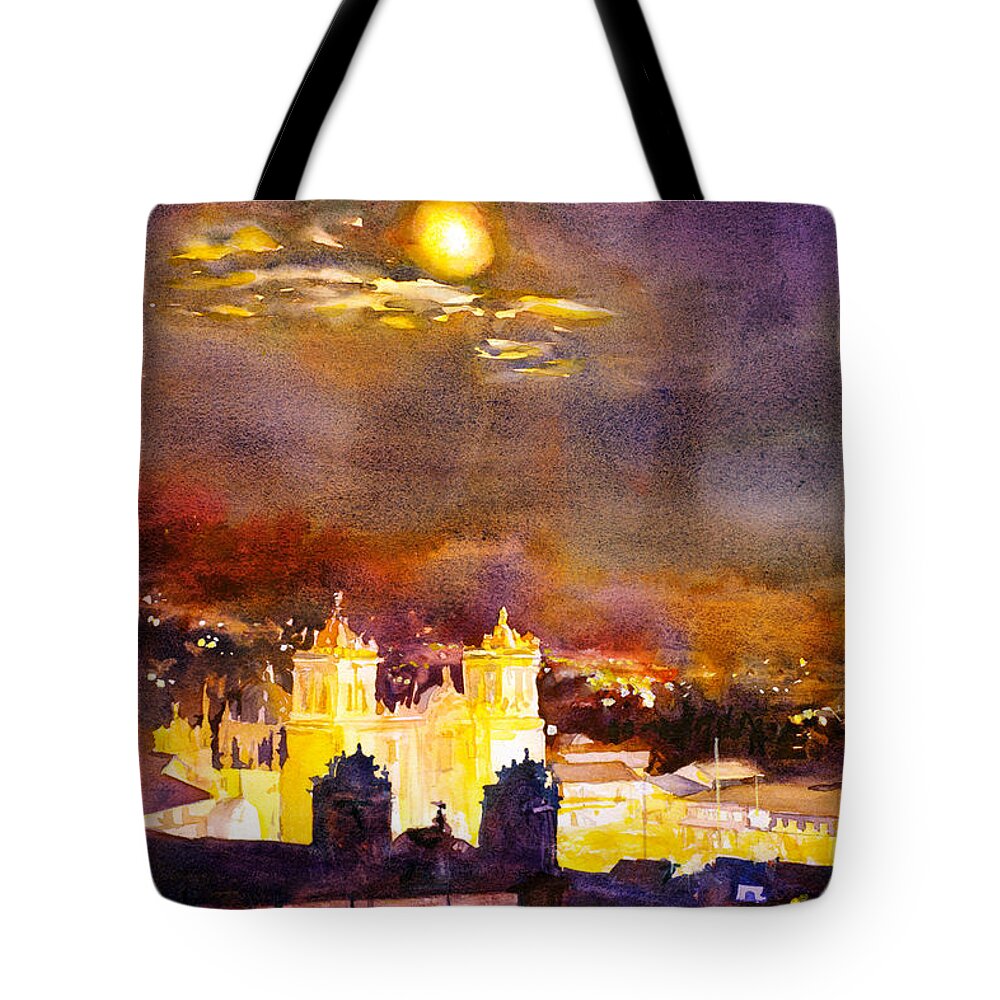 Cathedral Tote Bag featuring the painting Plaza de Armas- Cusco by Ryan Fox