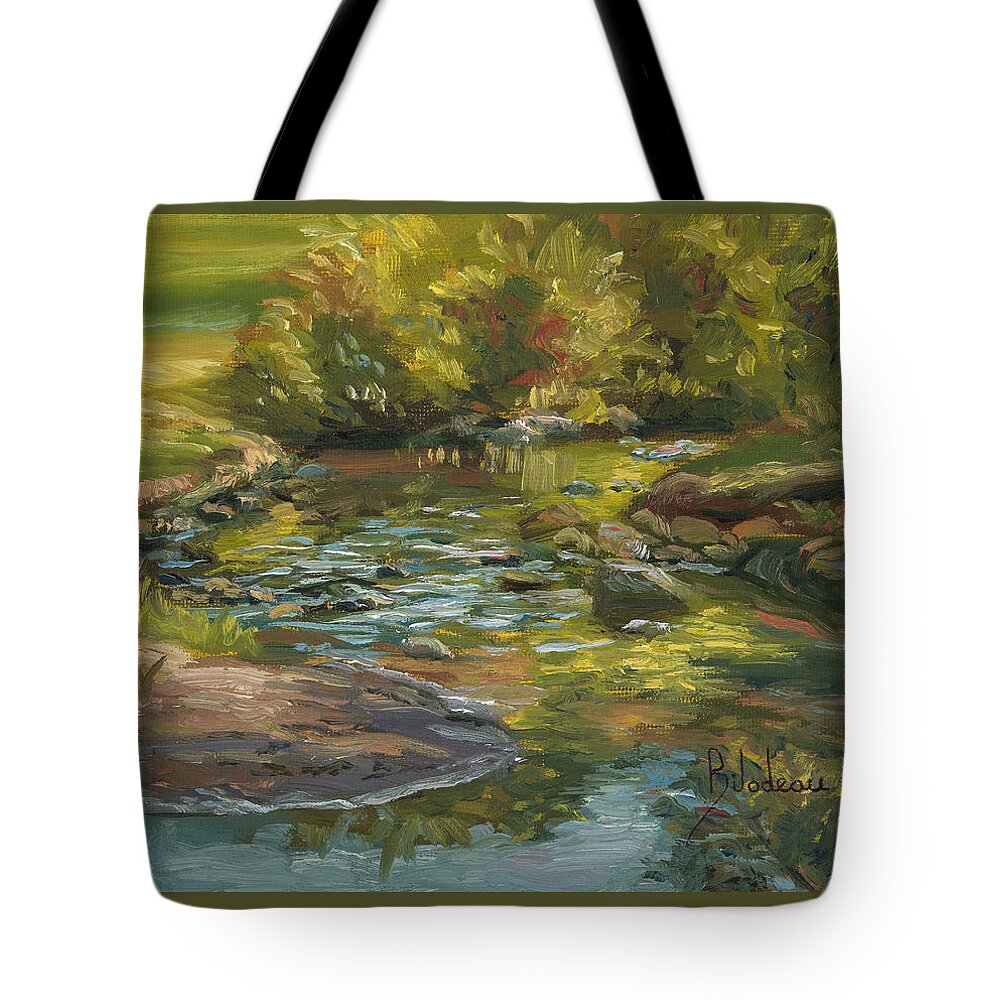 Nature Tote Bag featuring the painting Plein Air - Stream in Forest Park by Lucie Bilodeau