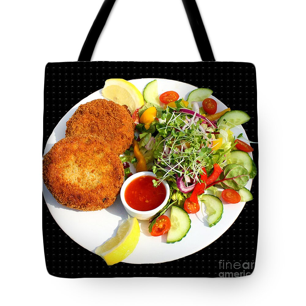 Crab Cakes Tote Bag featuring the photograph Polpeor Cafe Crab Cake Salad by Terri Waters
