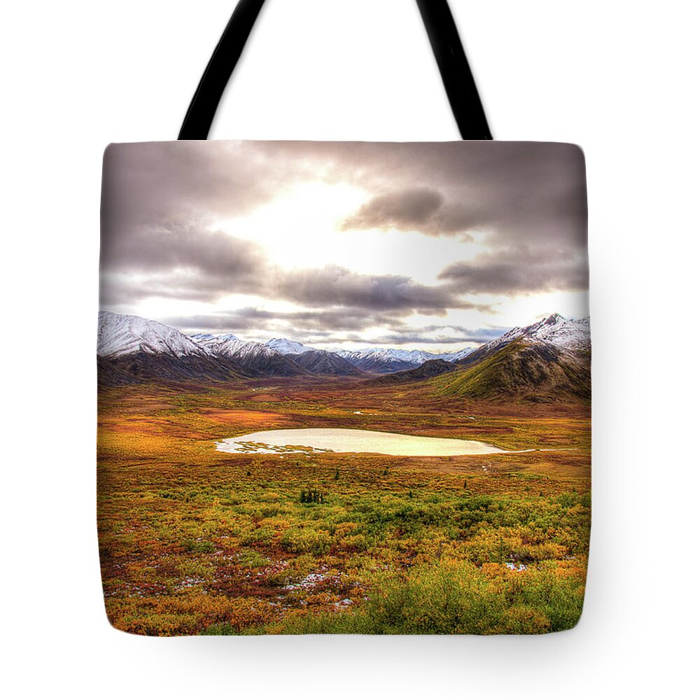 Scenics Tote Bag featuring the photograph Pond In Front Of Mountains by C.huang