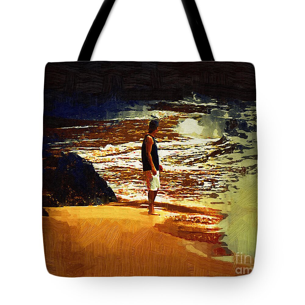 Beach Tote Bag featuring the painting Pondering The Surf by Kirt Tisdale