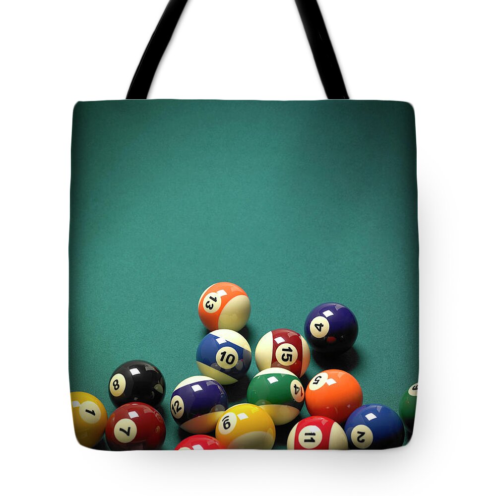 Snooker Tote Bag featuring the photograph Pool Balls by Maria Toutoudaki