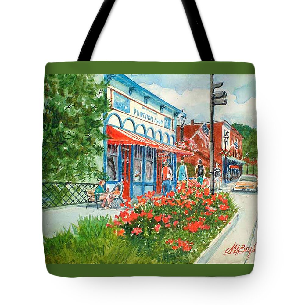 Chagrin Falls Tote Bag featuring the painting Popcorn Shop in Summer/Chagrin Falls by Maryann Boysen
