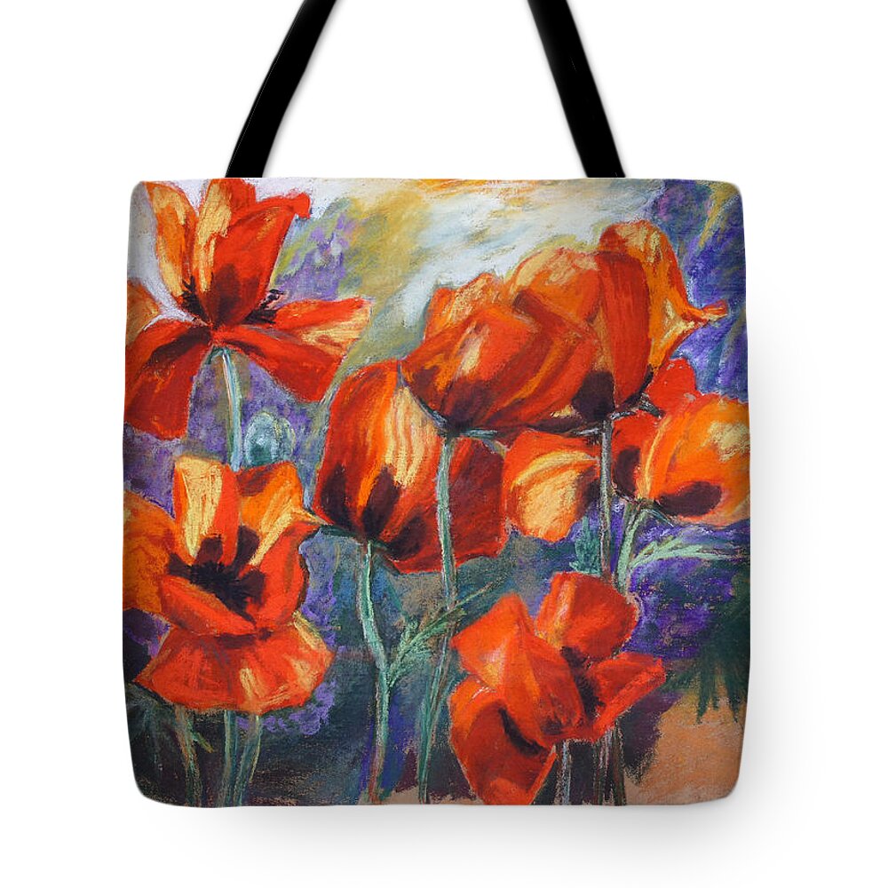 Flowers Tote Bag featuring the drawing Poppies And Lupines by Barbara Pommerenke