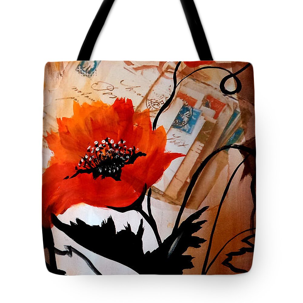 Poppies Tote Bag featuring the painting Poppies on letters by Patricia Rachidi