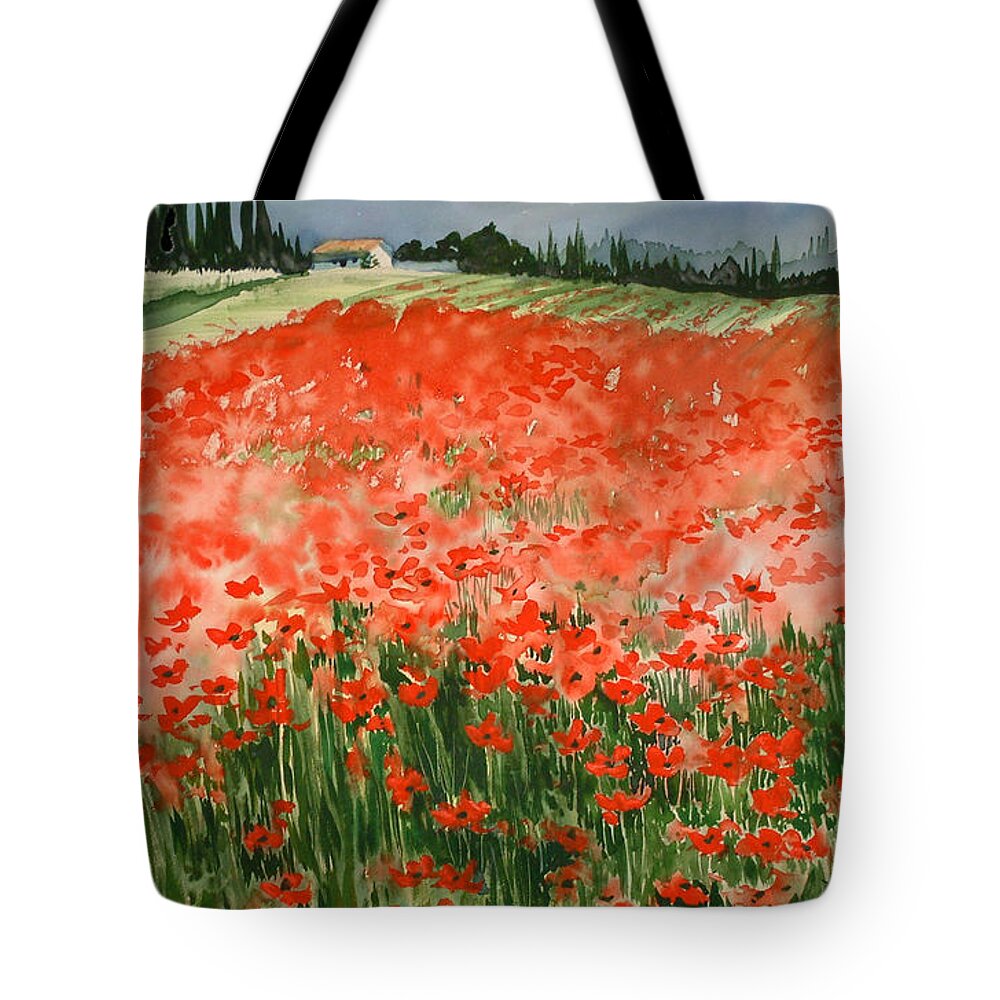 Watercolors Tote Bag featuring the painting Poppy Field by Maryann Boysen