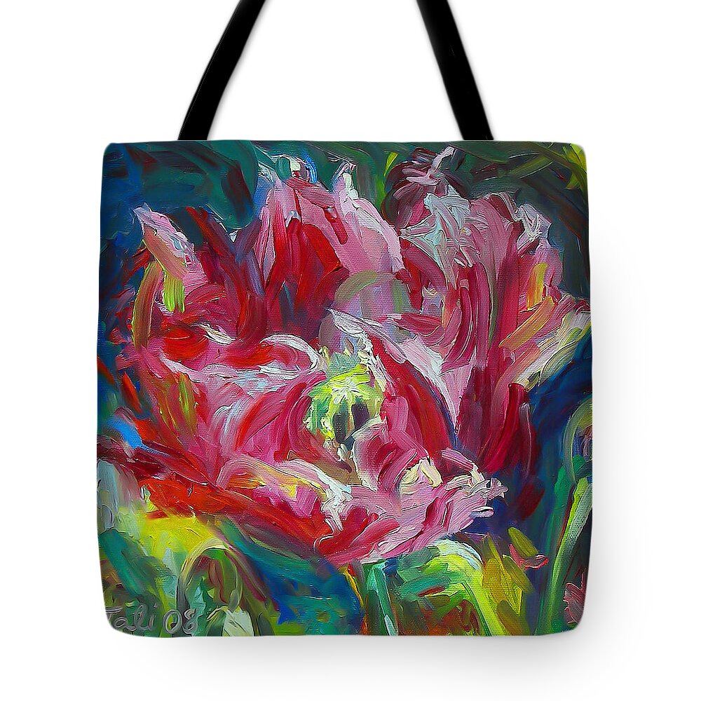 Red Tote Bag featuring the painting Poppy's Secret by Talya Johnson