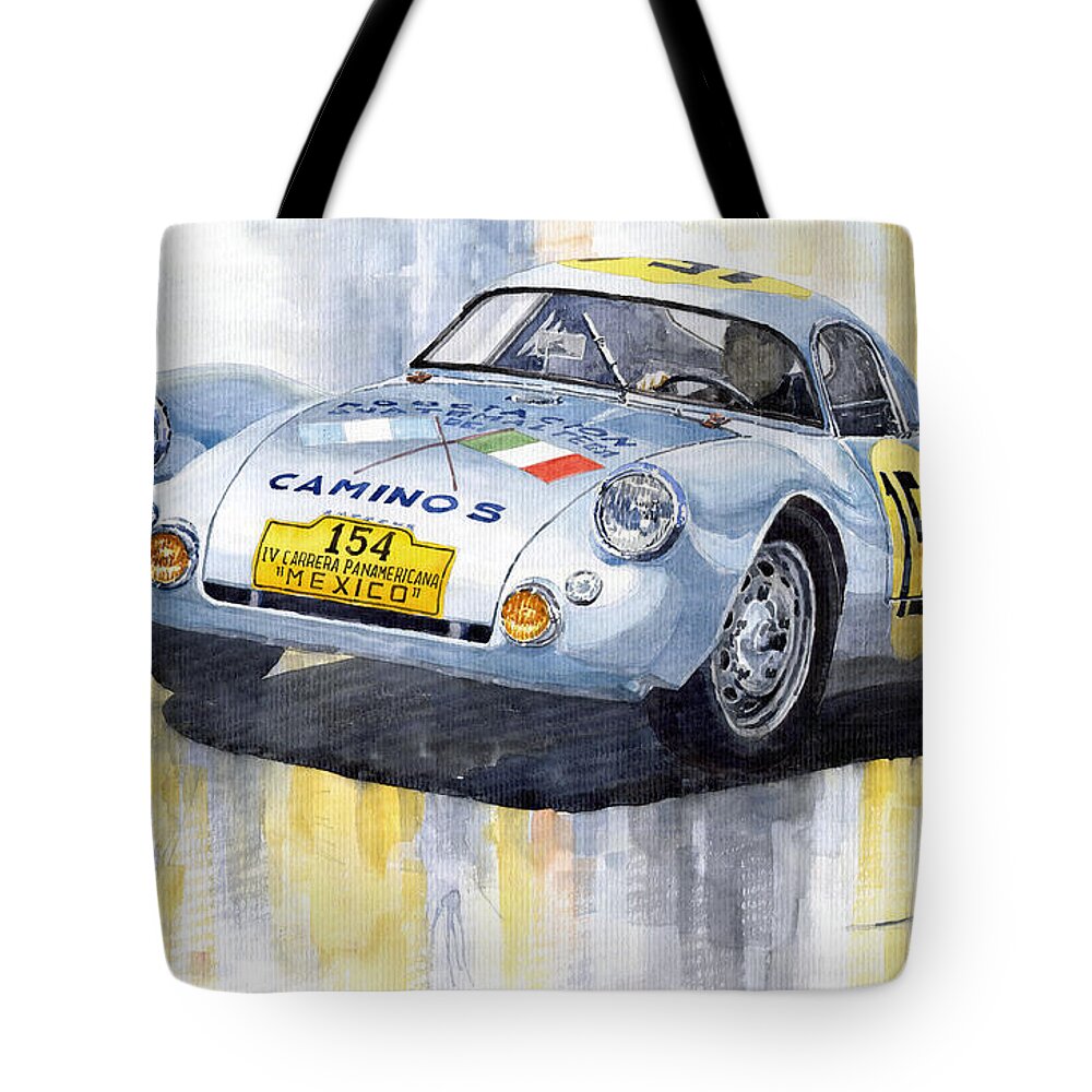 Watercolor Tote Bag featuring the painting Porsche 550 Coupe 154 Carrera Panamericana 1953 by Yuriy Shevchuk