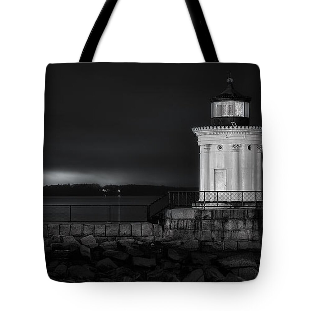 Portland Tote Bag featuring the photograph Portland Breakwater Lighthouse BW by Jerry Fornarotto