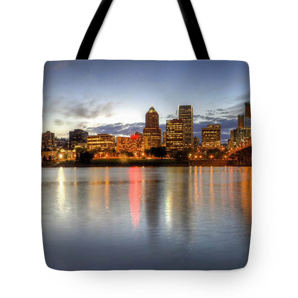 Portland Tote Bag featuring the photograph Portland Downtown Skyline Night Panorama 2 by David Gn