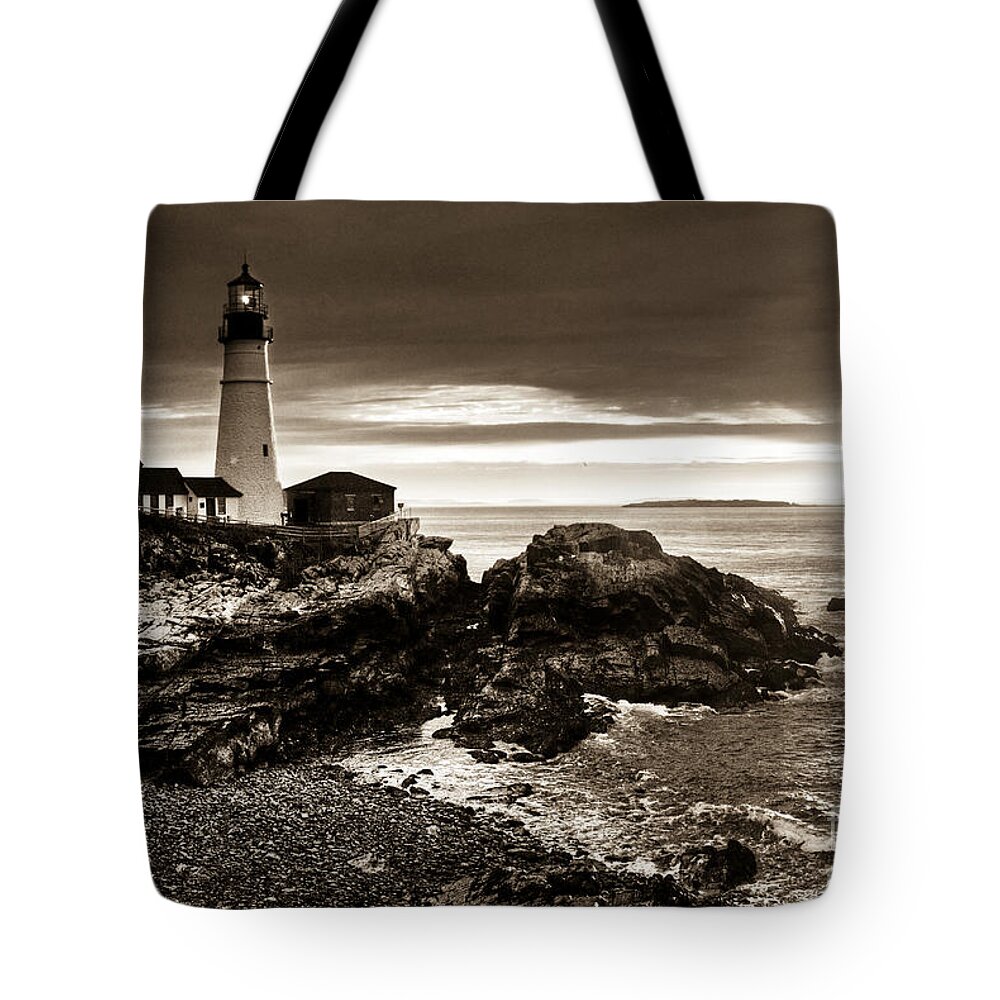Sunrise Tote Bag featuring the photograph Portland Head Lighthouse Sunrise by Alana Ranney
