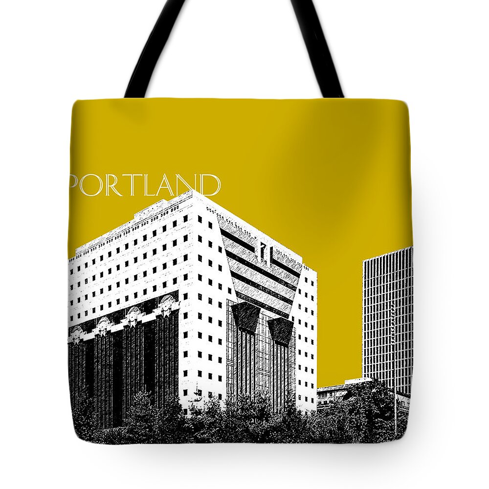 Architecture Tote Bag featuring the digital art Portland Skyline Ficha Building - Gold by DB Artist