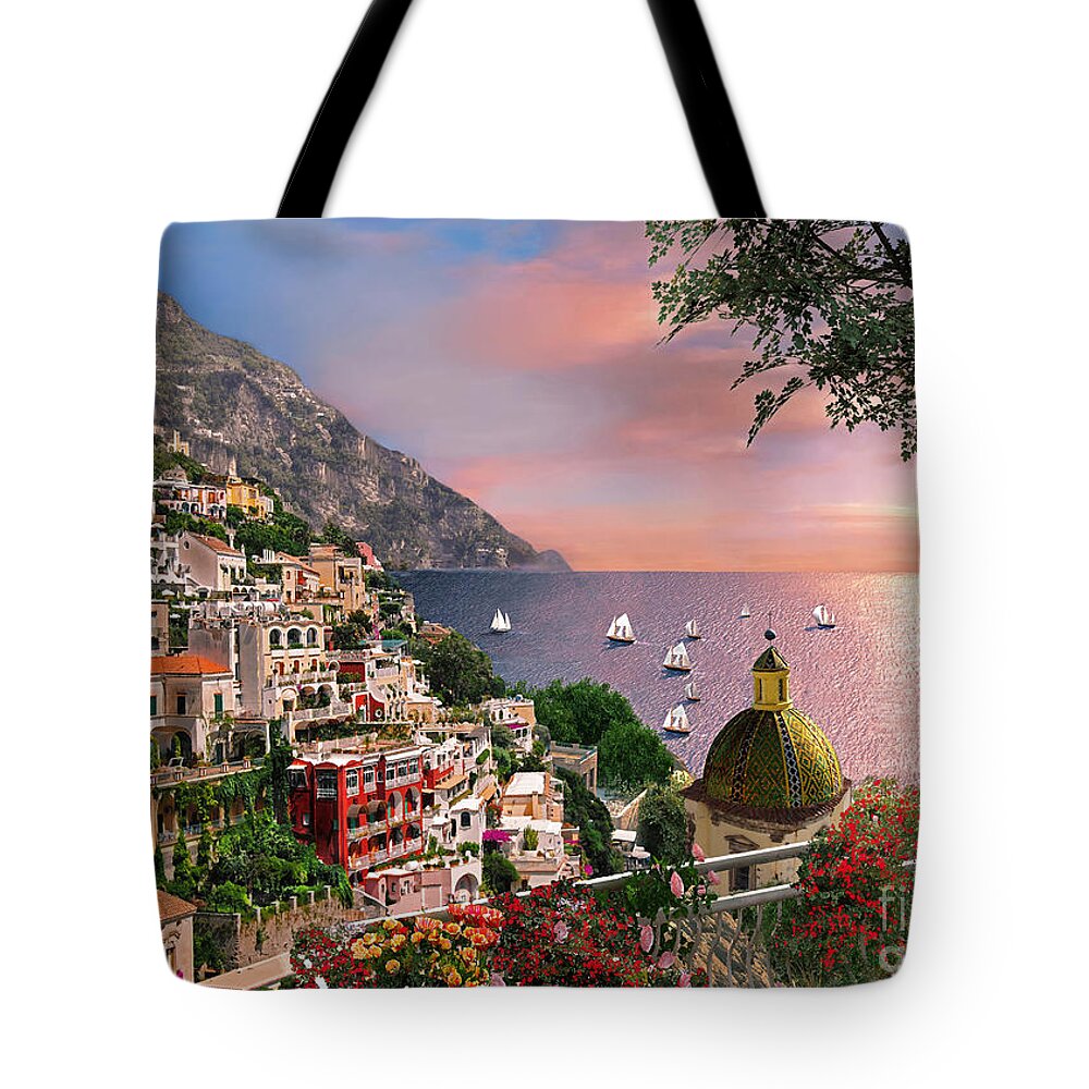 Positano Tote Bag featuring the digital art Positano by MGL Meiklejohn Graphics Licensing