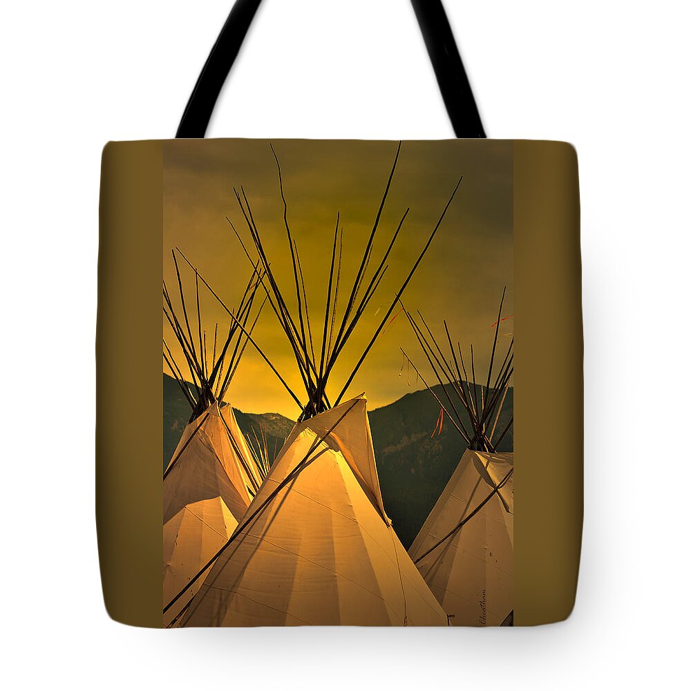 American Indian Tote Bag featuring the photograph Powwow Camp at Sunrise by Kae Cheatham