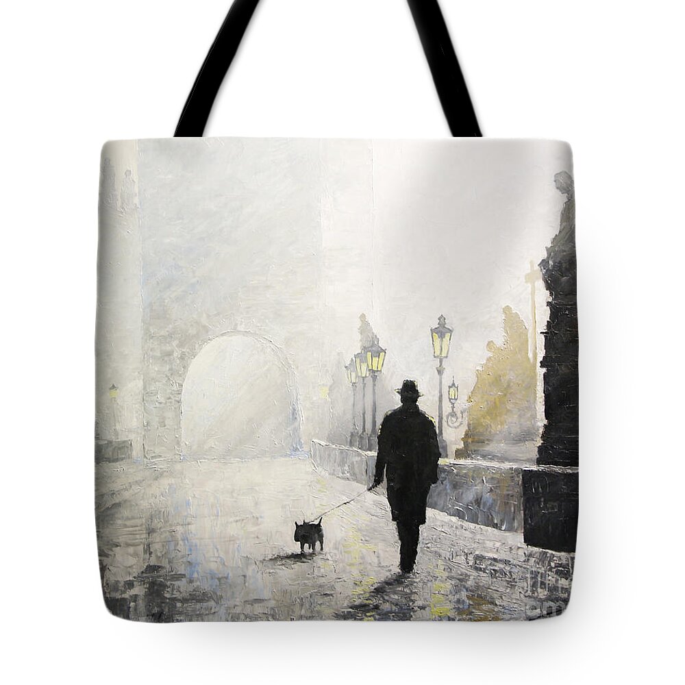 Oil On Canvas Tote Bag featuring the painting Prague Charles Bridge Morning Walk 01 by Yuriy Shevchuk