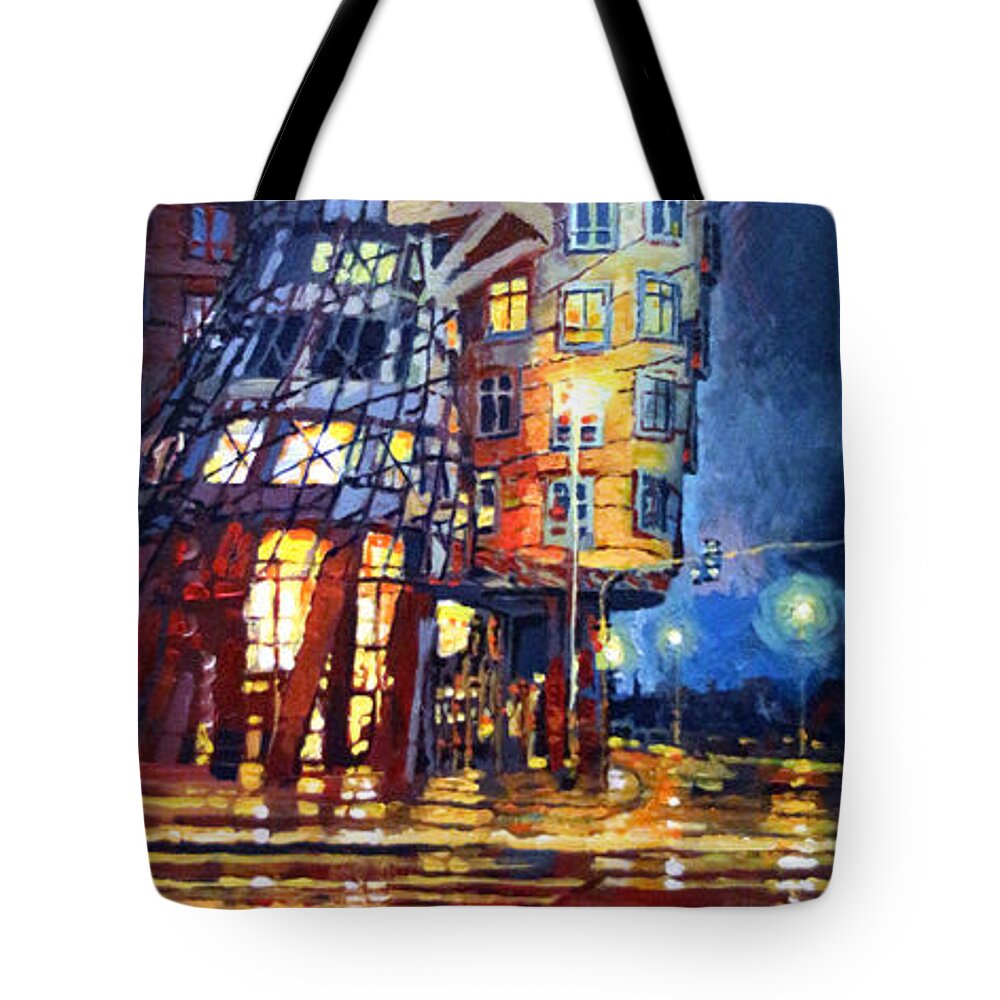 Oil Tote Bag featuring the painting Prague Dancing House by Yuriy Shevchuk
