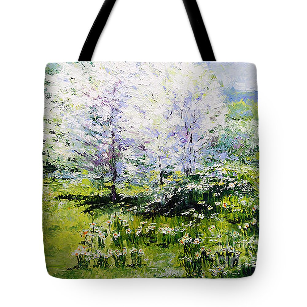 Oil Tote Bag featuring the painting Prague Spring in the Petrin gardens by Yuriy Shevchuk