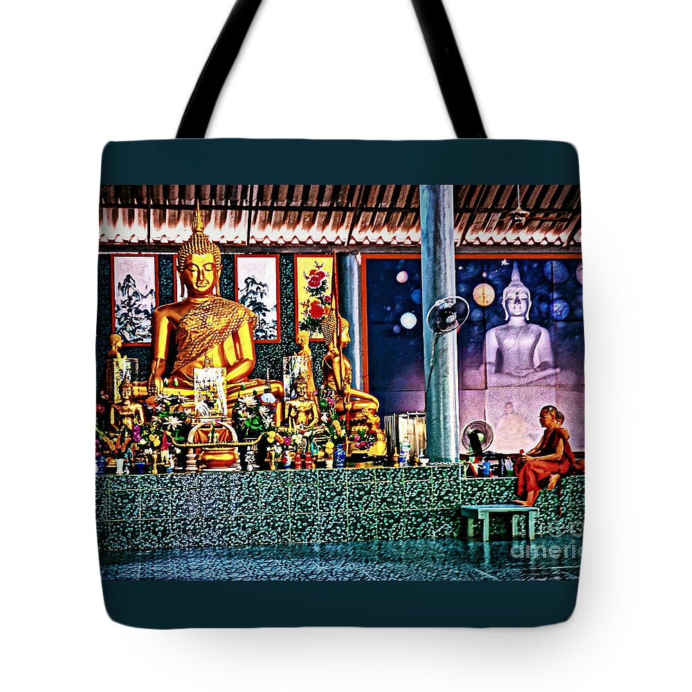 Temple Tote Bag featuring the photograph Praying With Buddha by Ian Gledhill