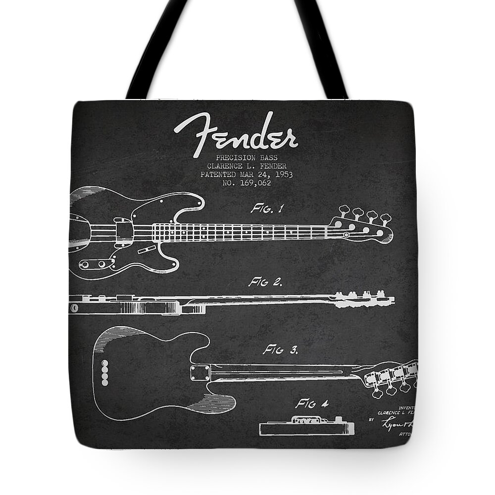 Fender Tote Bag featuring the drawing Precision Bass Patent Drawing from 1953 by Aged Pixel
