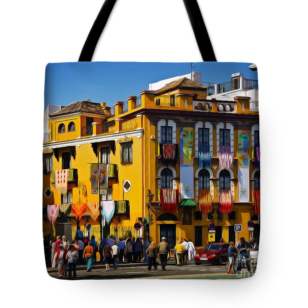 La Macarena Tote Bag featuring the photograph Preparing for the Procession - Macarena by Mary Machare