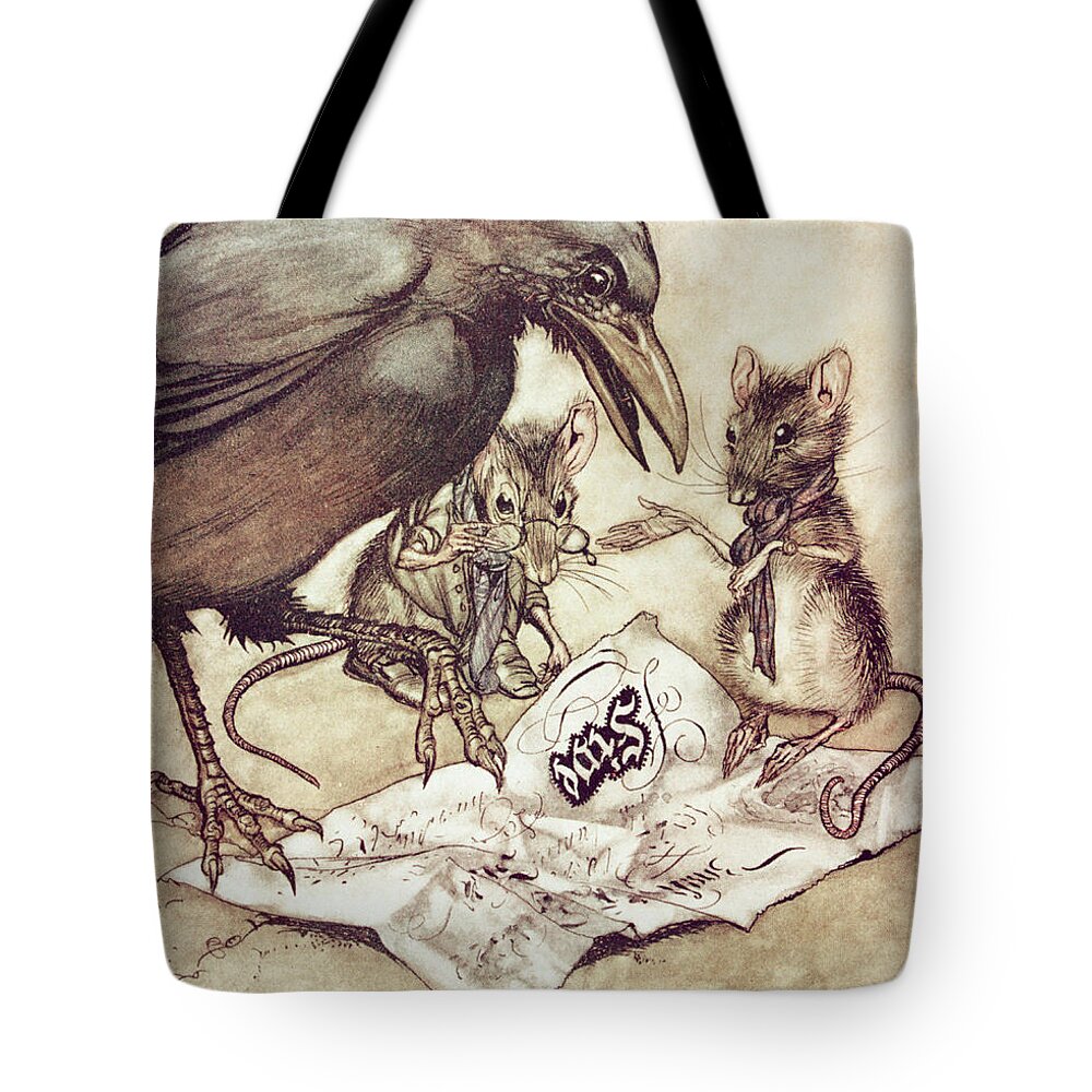 Mice Tote Bag featuring the drawing Preposterous cried Solomon in a rage from Peter Pan in Kensington Gardens by Arthur Rackham