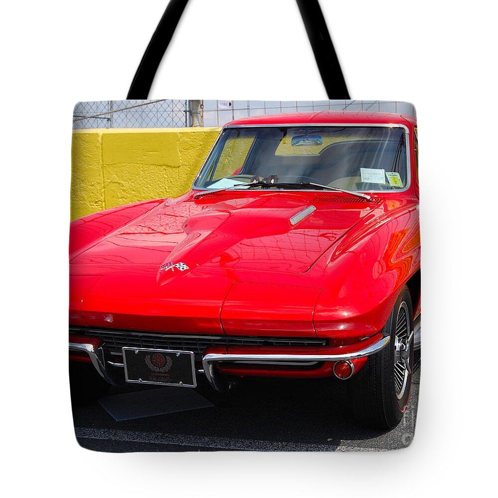 American Muscle Car Tote Bag featuring the photograph pretty red Vette by Mark Spearman