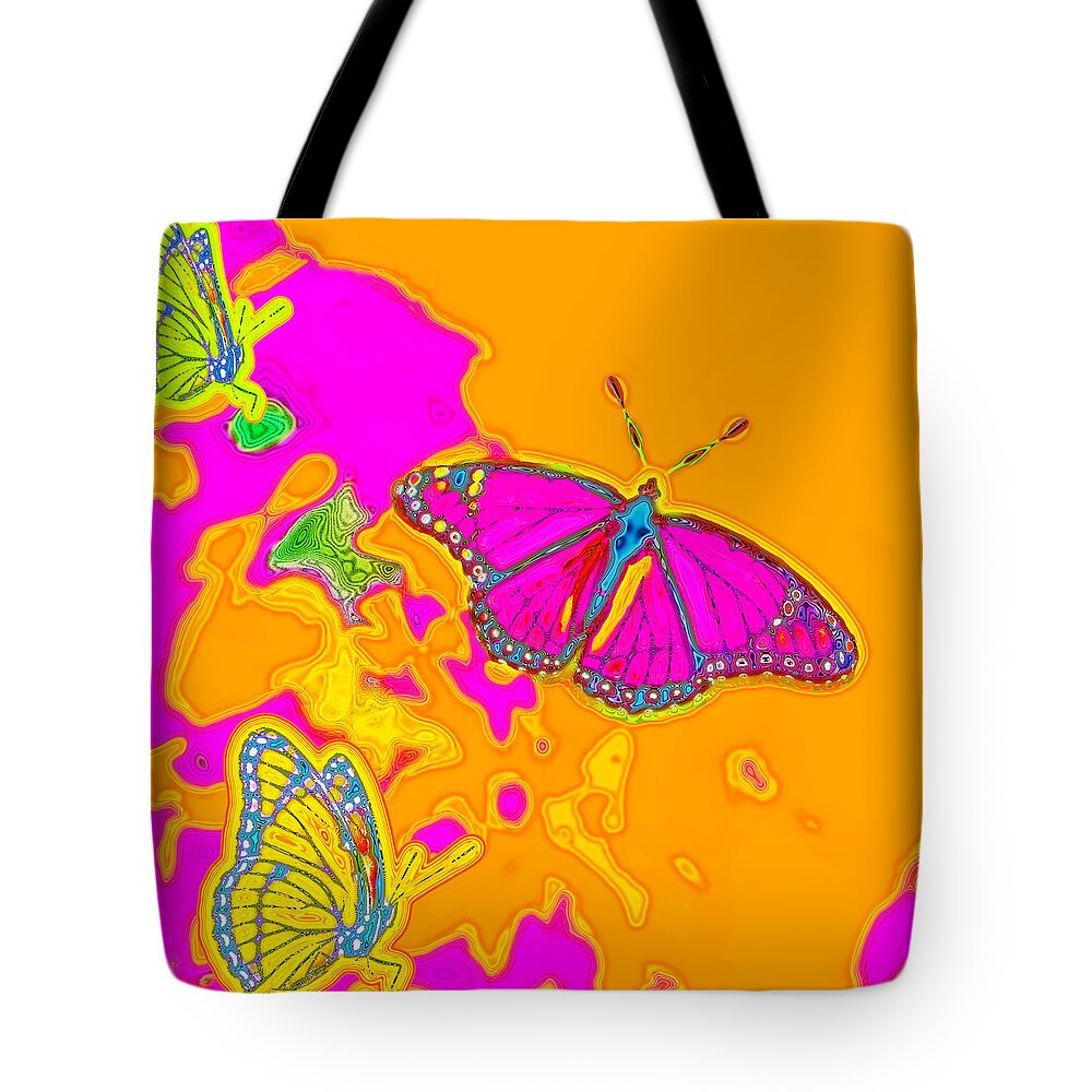 Pink Tote Bag featuring the digital art Psychedelic Butterflies by Marianne Campolongo