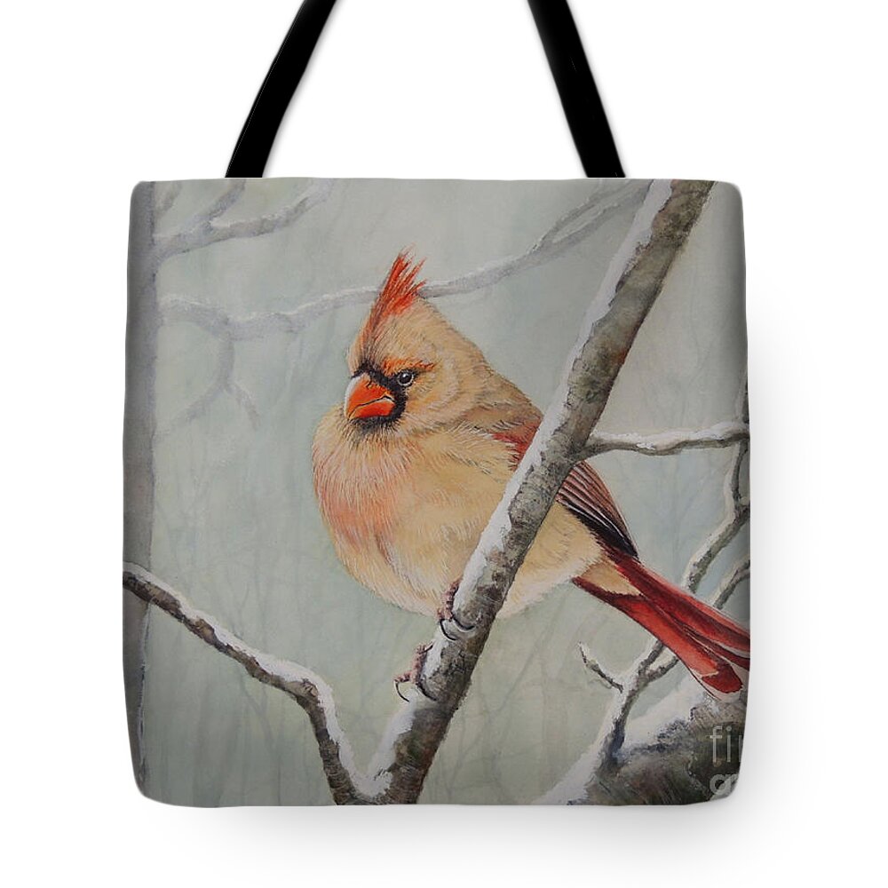 Bird Tote Bag featuring the painting Puffed up for Winters Wind by Sandy Brindle