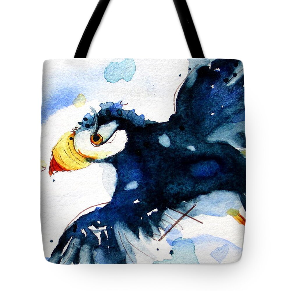 Puffin In Flight Tote Bag featuring the painting Puffin Flight by Dawn Derman