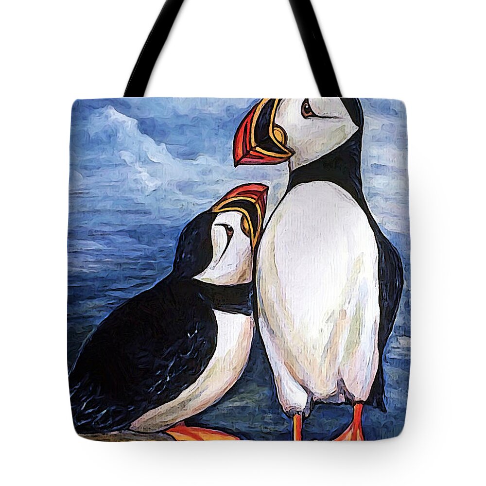Puffins Tote Bag featuring the digital art Puffin Friends by Gary Olsen-Hasek