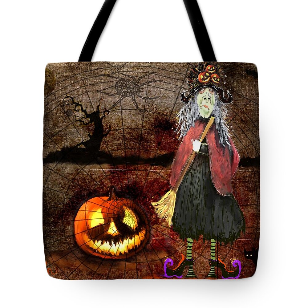 Halloween Tote Bag featuring the painting Pumpkinella The Magical Good Witch and Her Magical Cat by Colleen Taylor
