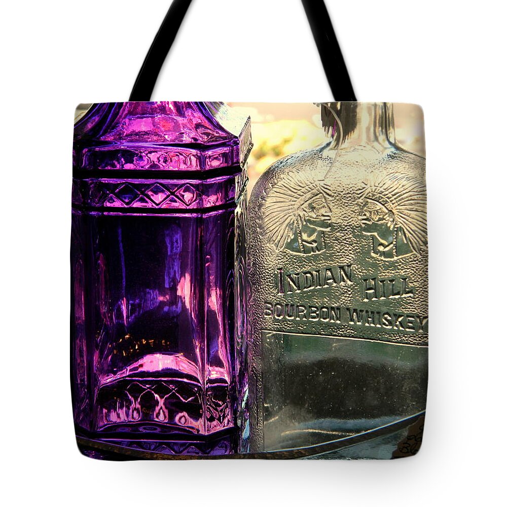 Antique Jars Tote Bag featuring the photograph Purple and Whiskey Jars by Kathy Barney