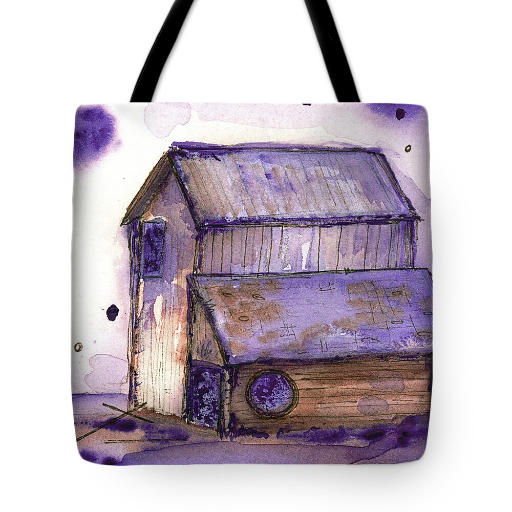 Barn Tote Bag featuring the painting Purple Barn Art by Dawn Derman