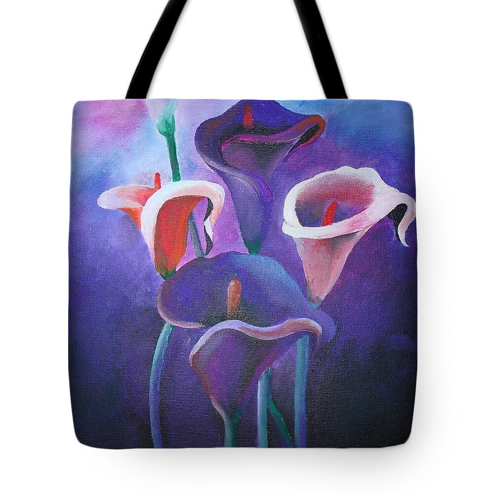 Zantedeschia Tote Bag featuring the painting Purple Calla Lilies by Taiche Acrylic Art