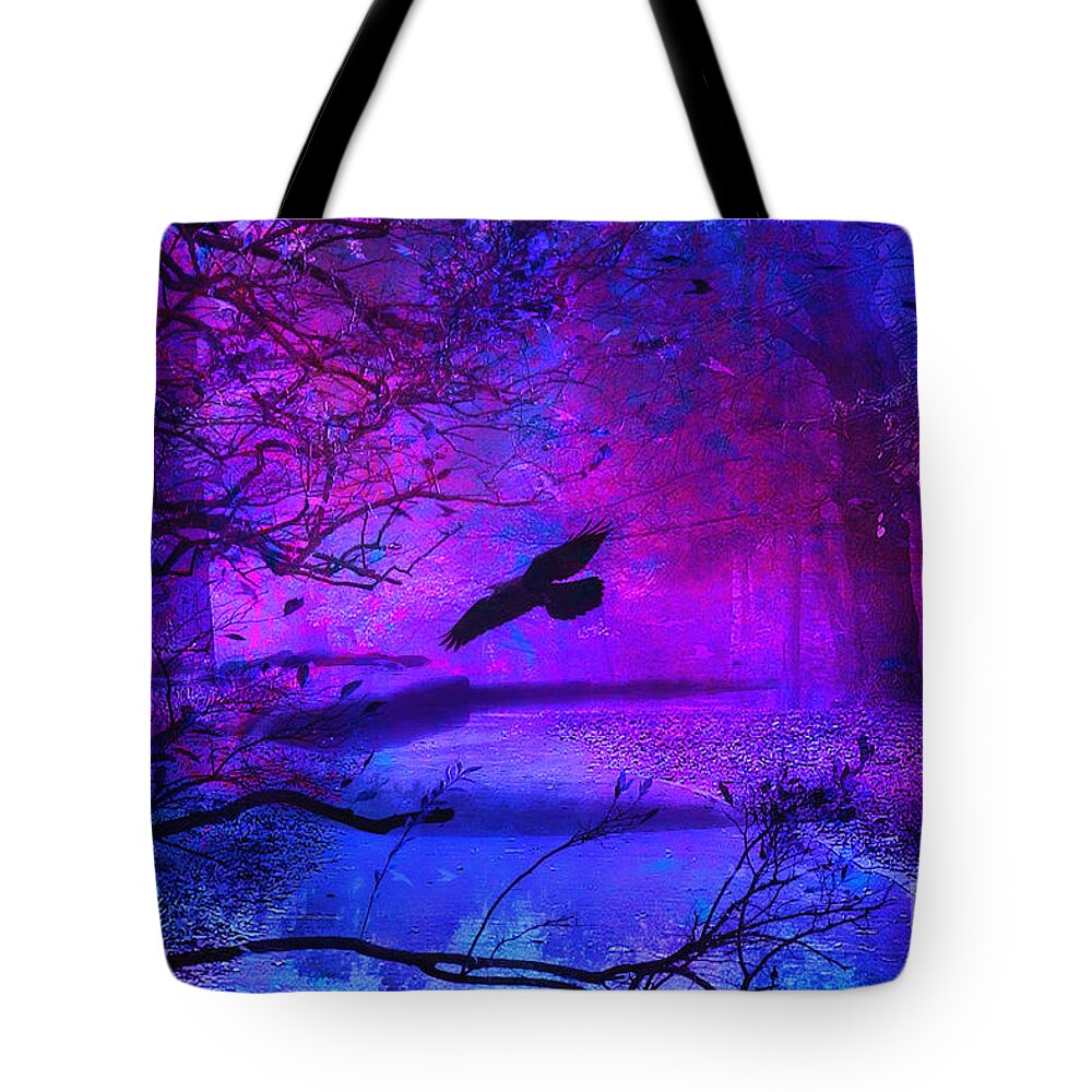 Purple Tote Bag featuring the photograph Purple Gothic Haunting Nature - Surreal Fantasy Gothic Raven Forest Woodlands by Kathy Fornal