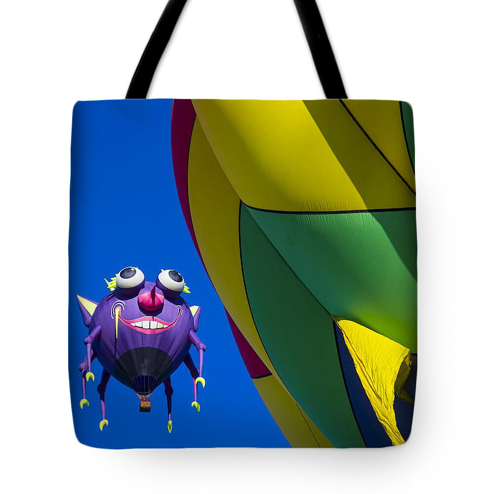 Purple People Eater Hot Air Balloon Tote Bag featuring the photograph Purple people eater smiling by Garry Gay
